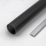 A 1.50 Polycarbonate LED Tube (Model Sierra38) in black and a silver metallic rectangular ridged strip are side by side on a white surface.