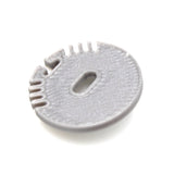 A gray, round plastic End Cap for Alu Round Profile with ridges, a central oval cable hole, and several small edge notches, shown on a white background.