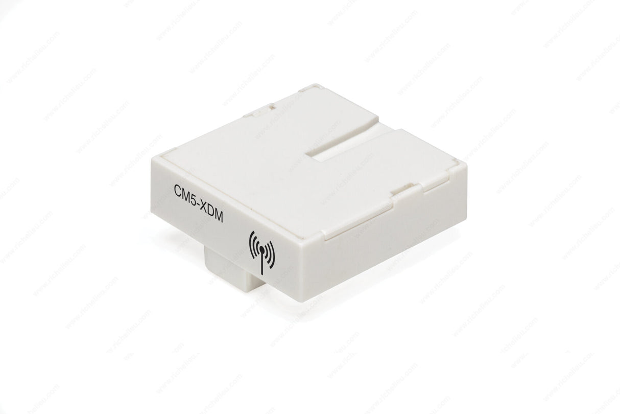 A white rectangular Smart Wireless LED Control Module ~ CM5-XDM Kiny Module with a wireless signal icon, grooves, and a small protrusion on one side is shown against a clean white background.