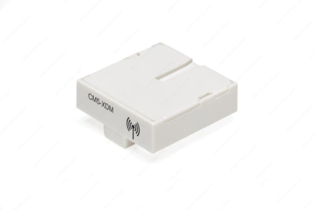 A white rectangular Smart Wireless LED Control Module ~ CM5-XDM Kiny Module with a wireless signal icon, grooves, and a small protrusion on one side is shown against a clean white background.