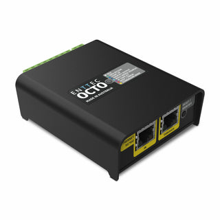 A black rectangular 32-Universe eDMX Pixel LED Controller (Enttec Octo Mk3) with a top label, two front Ethernet ports labeled IN and THRU/OUT, and a reset button.
