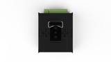 Top view of the Enttec Octo Lite 8-Universe eDMX to SPI Pixel Controller, a black DIN-rail unit with metal mounting bracket and green terminal connectors for Ethernet-to-pixel conversion, shown on a white background.