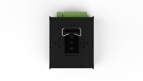 Top view of the Enttec Octo Lite 8-Universe eDMX to SPI Pixel Controller, a black DIN-rail unit with metal mounting bracket and green terminal connectors for Ethernet-to-pixel conversion, shown on a white background.