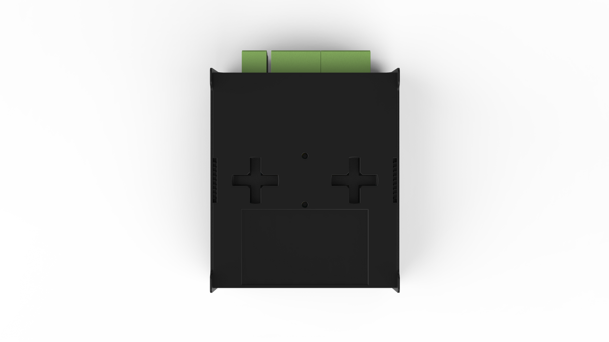 The 8-Universe eDMX to SPI Pixel Controller ~ Enttec Octo Lite is a black rectangular device with two cross-shaped cutouts, a central panel, and green terminal blocks on top, ideal for Ethernet-to-pixel conversion. Shown from above on a white background.