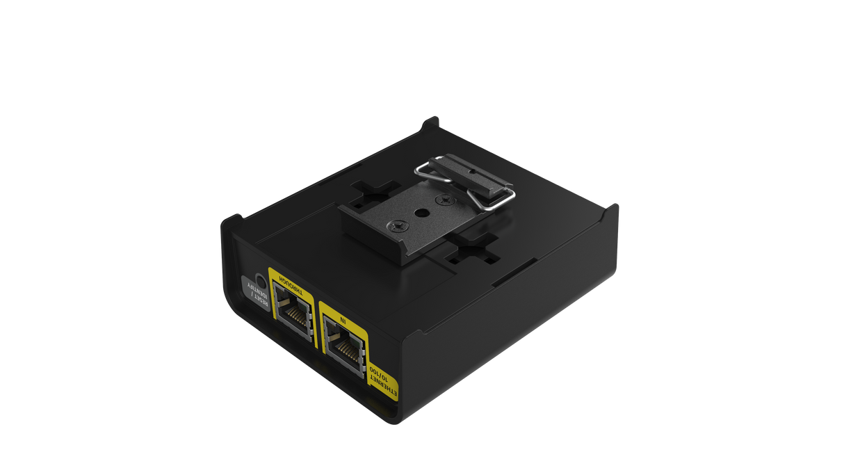 The 8-Universe eDMX to SPI Pixel Controller (Enttec Octo Lite), a black rectangular DIN-rail device with dual yellow-labeled Ethernet ports and a top metal mounting bracket, is shown on a white background.