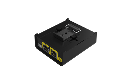 The 8-Universe eDMX to SPI Pixel Controller (Enttec Octo Lite), a black rectangular DIN-rail device with dual yellow-labeled Ethernet ports and a top metal mounting bracket, is shown on a white background.
