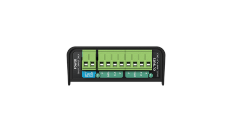A close-up of an 8-Universe eDMX to SPI Pixel Controller ~ Enttec Octo Lite shows its green terminal block with labeled screw terminals for power and outputs on a black base, designed for LED pixel control against a plain background.