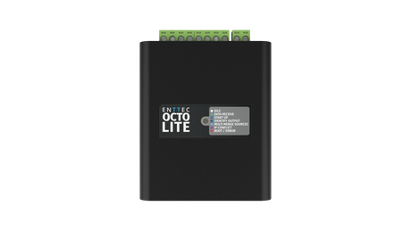 The 8-Universe eDMX to SPI Pixel Controller ~ Enttec Octo Lite, black with a front label and status indicators, plus green terminal connectors on top, is shown against a plain white background.