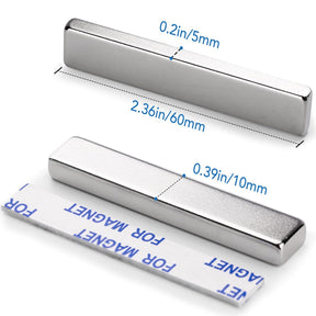 This set includes two rectangular silver bars (2.36 x 0.39 x 0.2) with industrial-grade plating; one bar has adhesive tape labeled FOR MAGNET, perfect for use with the Strong Neodymium Bar Magnet or other heavy-duty magnets.