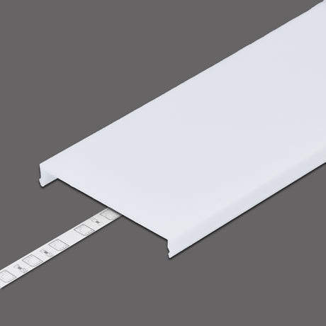 A white LED strip light is partially inserted under the LED Channel Cover ~ C8 Click, a flat rectangular diffuser with a sleek clip-in design, shown against a gray background.