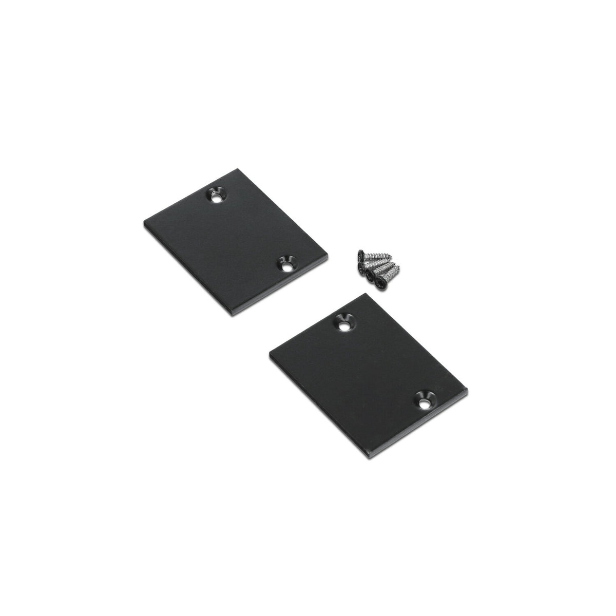 Two rectangular black metal End Cap for Pixel33-01 Profile with two screw holes each are displayed next to six screws on a white background, suitable for profile applications.
