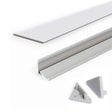 The 30/60 Degree Corner LED Channel Kit (Model Cabi12), featuring a long silver channel, frosted cover, and two gray end caps—perfect for sleek under-cabinet lighting—is displayed on a white background.