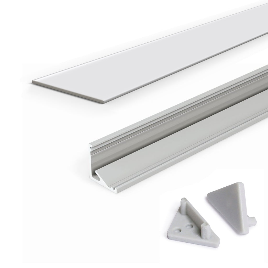 The 30/60 Degree Corner LED Channel Kit (Model Cabi12), featuring a long silver channel, frosted cover, and two gray end caps—perfect for sleek under-cabinet lighting—is displayed on a white background.