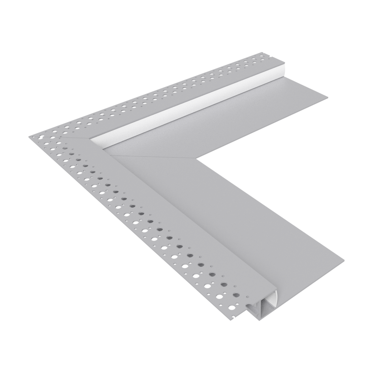 An L-shaped Corner Connector for TL-301 Profile for LED channels, featuring a perforated mounting flange and a recessed track.