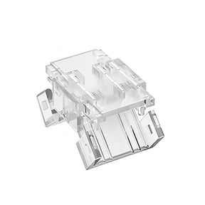 3-Pin Solderless Tunable White COB LED Strip Connector (10mm) from the UniCCT Series, shown isolated on a white background, features a clear plastic clip design similar to an RJ45 Ethernet connector.