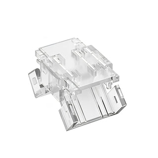 3-Pin Solderless Tunable White COB LED Strip Connector (10mm) from the UniCCT Series, shown isolated on a white background, features a clear plastic clip design similar to an RJ45 Ethernet connector.