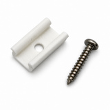 A white 3D printed Mounting Clip for Galicia Profile featuring a center screw hole, positioned next to a metal wood screw.
