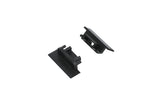 Two small black plastic end caps with rectangular bases and protruding clips, designed for secure attachment to the Groove10.v2 Profile lighting fixture. They are displayed on a white background.