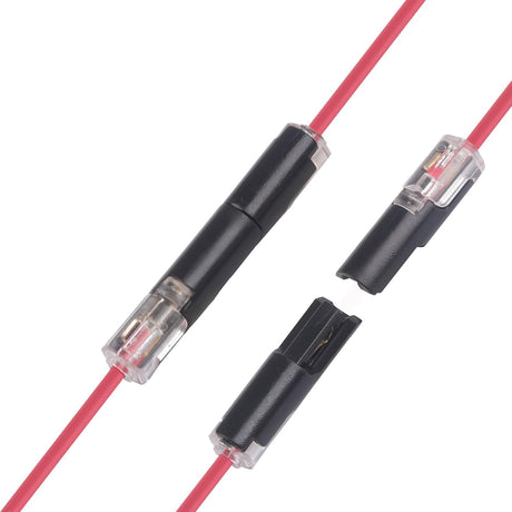 A close-up of a 1-Pin Plug-in Solderless Wire Connector ~ Pelican Series, shown with red wires attached and displayed both assembled and apart to reveal its internal components.