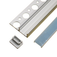 Three objects on a white background: parts of the Tile Edge LED Strip Light Channel Kit (Model Uni-Tile12 180Deg), including a silver metal strip with circular cutouts, a clear blue rectangular plastic piece, and a small gray end cap.