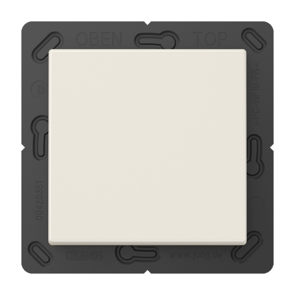 A white, square Casambi 2-Channel Wireless Radio Transmitter (Model Jung BLE A 590) light switch is mounted on a dark gray rectangular plate labeled OBEN and TOP at the top, with technical markings along the sides.