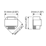 Technical drawing of the Casambi Smart Relay with Dual Switch shows labeled dimensions: 51.4mm (2.02), 56mm (2.20), 31mm (1.22), and 47mm (1.85); front and side views; designed for Bluetooth relay light control in Casambi networks.