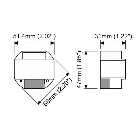 Technical drawing of the Casambi Smart Relay with Dual Switch shows labeled dimensions: 51.4mm (2.02), 56mm (2.20), 31mm (1.22), and 47mm (1.85); front and side views; designed for Bluetooth relay light control in Casambi networks.