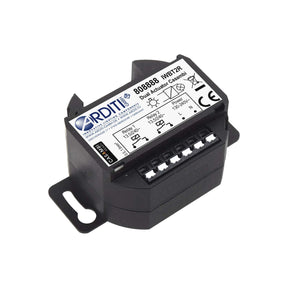 The Casambi Smart Relay with Dual Switch is a black electronic module with Bluetooth relay light control for Casambi networks, screw terminals, and mounting flanges. Product specs are printed on the top sticker.