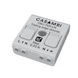 The Casambi Bluetooth Controller (Model CBU-TED) is a white LED dimmer with labeled input/output terminals and top control buttons, enabling wireless lighting control via Bluetooth.