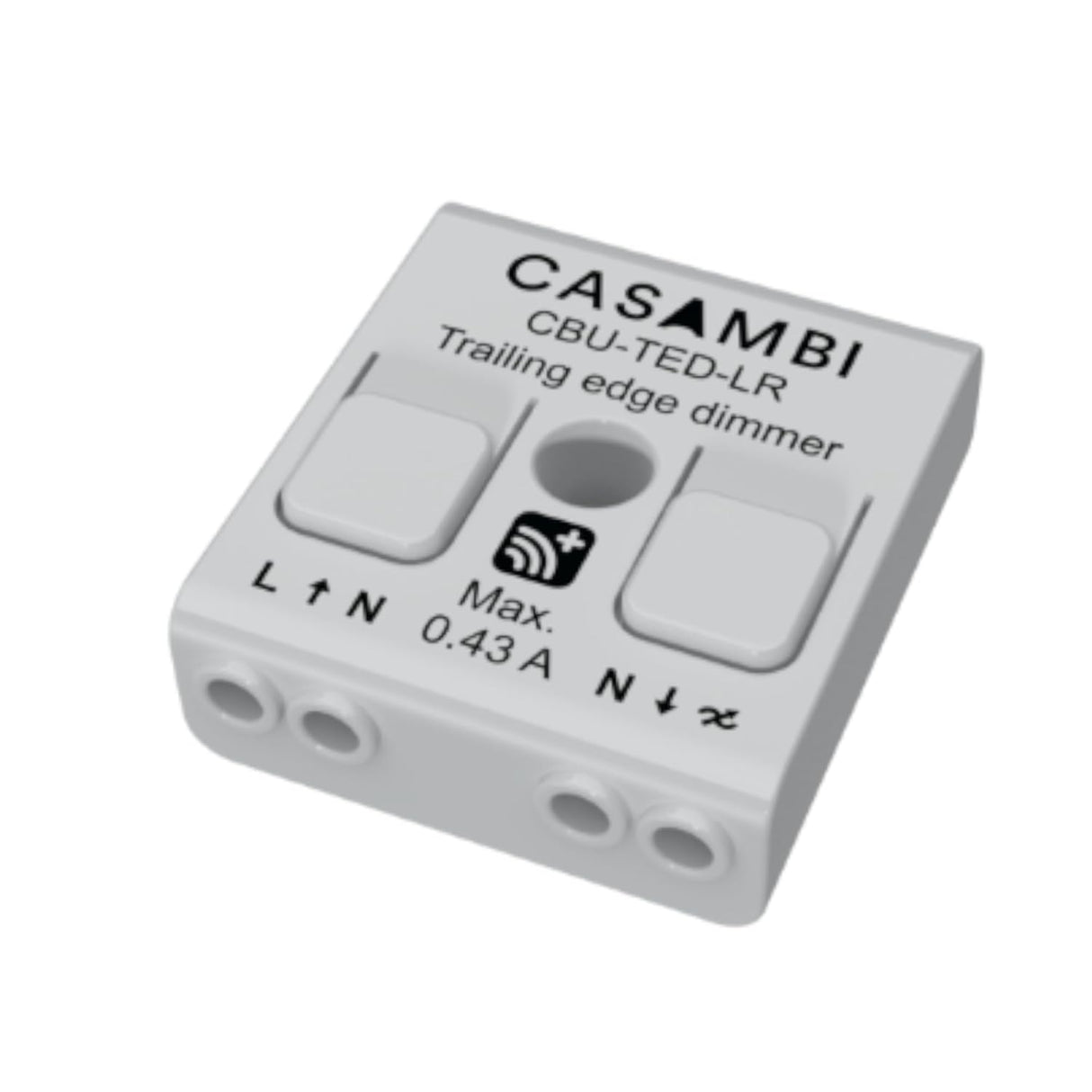The Casambi Bluetooth Controller (Model CBU-TED) is a white LED dimmer with labeled input/output terminals and top control buttons, enabling wireless lighting control via Bluetooth.