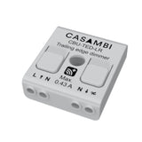 The Casambi Bluetooth Controller (Model CBU-TED) is a white LED dimmer with labeled input/output terminals and top control buttons, enabling wireless lighting control via Bluetooth.