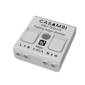 The Casambi Bluetooth Controller (Model CBU-TED) is a white LED dimmer with labeled input/output terminals and top control buttons, enabling wireless lighting control via Bluetooth.