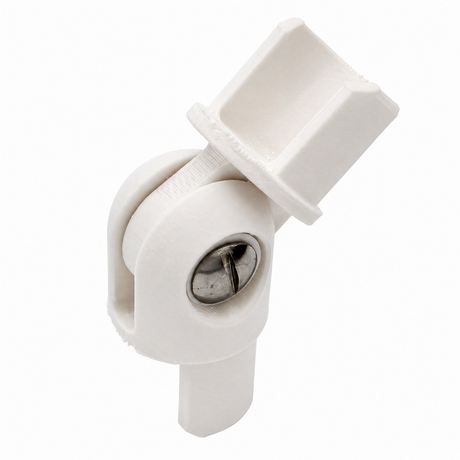 A white plastic Hinge for Oslo Mini Profile with swivel joint, screw, and angled square socket, designed for adjustable lighting or diffuser tube systems, isolated on white background.