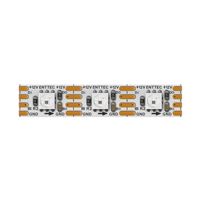 A close-up shows three individually controllable LEDs on an Enttec 8PX Series RGB Pixel IP20 LED Strip (12V), featuring labeled +12V, GND, D1, BI, R2, BO, and R1 connections on a white board with orange/black markings.