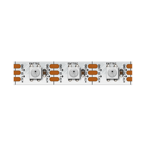 A close-up of the Enttec 8PX Series RGB Pixel IP20 LED Strip (5V) displays three individually controllable LEDs, labeled terminals, and copper contacts on a white background; compatible with the WS2811 protocol.