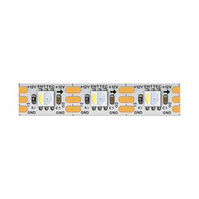 Close-up of the Enttec 8PX Series RGBW Pixel IP20 LED Strip (12V), showing small LED modules, resistors, and labeled +12V/GND points on a white board—ideal for use with addressable RGBW pixel strips and controllers.