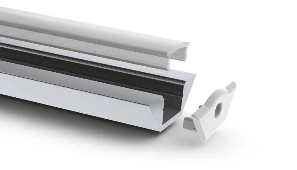 A close-up of the End Cap for Alu-Corner Profile is shown detached from a silver ALU-Corner LED profile with a black inner strip, set against a plain white background.