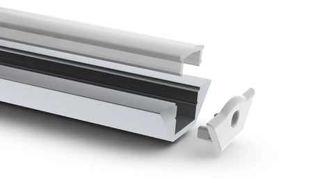 A close-up of the End Cap for Alu-Corner Profile is shown detached from a silver ALU-Corner LED profile with a black inner strip, set against a plain white background.