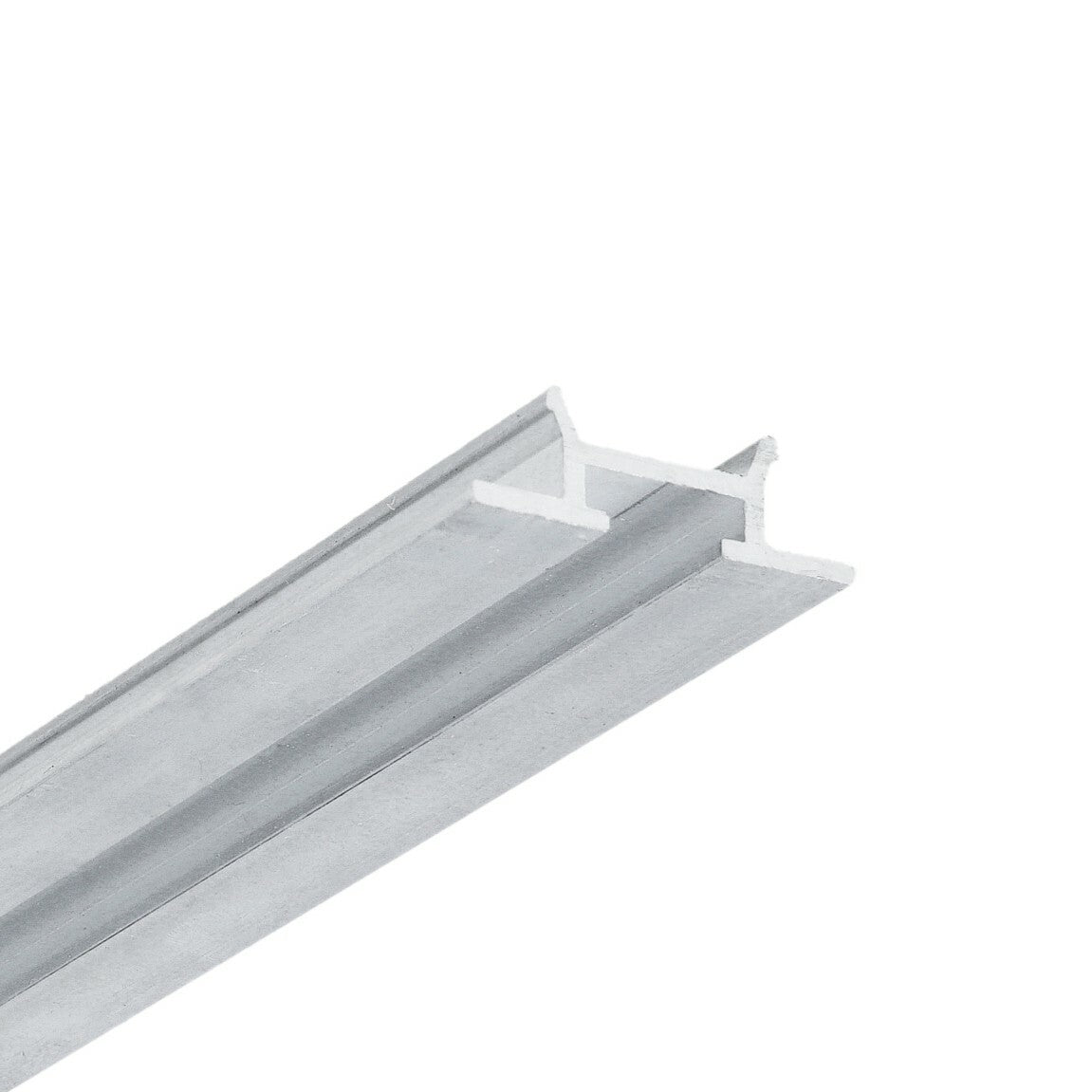 A close-up view of the Complementary Profile ~ Model Pixy20-03, a silver metal T-bar or T-shaped ceiling grid component, set against a white background. Featuring a narrow horizontal top and a central vertical support, this aluminum profile is ideal for integrating architectural lighting fixtures.
