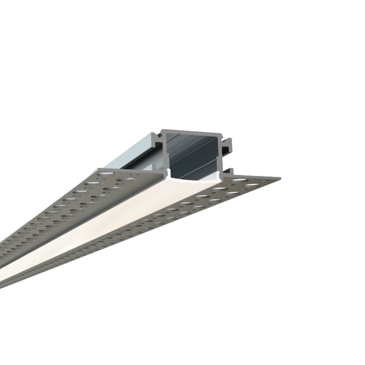 A close-up view of the 0.93" Trimless Mud-In LED Drywall Channel (Model TL-041), a recessed linear ceiling light with a silver metal frame, diffuser lens, and perforated mounting flanges for drywall installation.