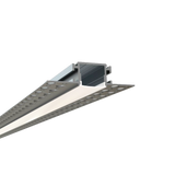 A close-up view of the 0.93" Trimless Mud-In LED Drywall Channel (Model TL-041), a recessed linear ceiling light with a silver metal frame, diffuser lens, and perforated mounting flanges for drywall installation.