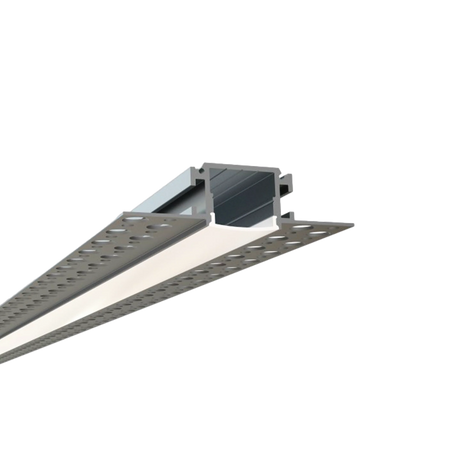 A close-up view of the 0.93" Trimless Mud-In LED Drywall Channel (Model TL-041), a recessed linear ceiling light with a silver metal frame, diffuser lens, and perforated mounting flanges for drywall installation.