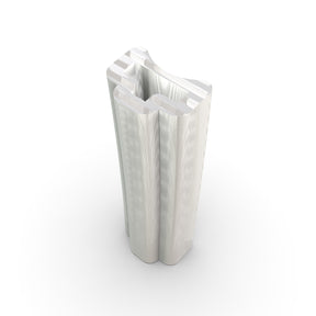 A translucent plastic joiner for a T-section aluminum bar with a smooth, wavy finish and hollow center is displayed vertically on a white background, highlighting its modern, abstract geometric design.