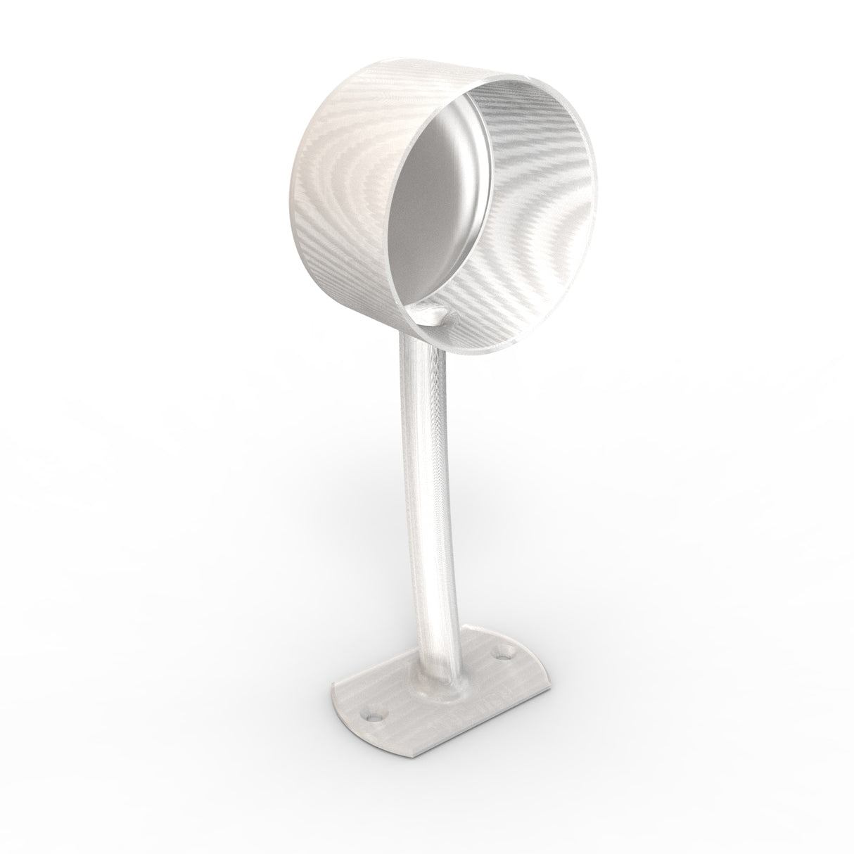 The Wired Post for 2.56 Round Profiles is a sleek white metal mount with a circular top holder and rectangular base with screw holes, perfect for LED diffuser tubes. Its minimal modern design is shown against a plain white background.