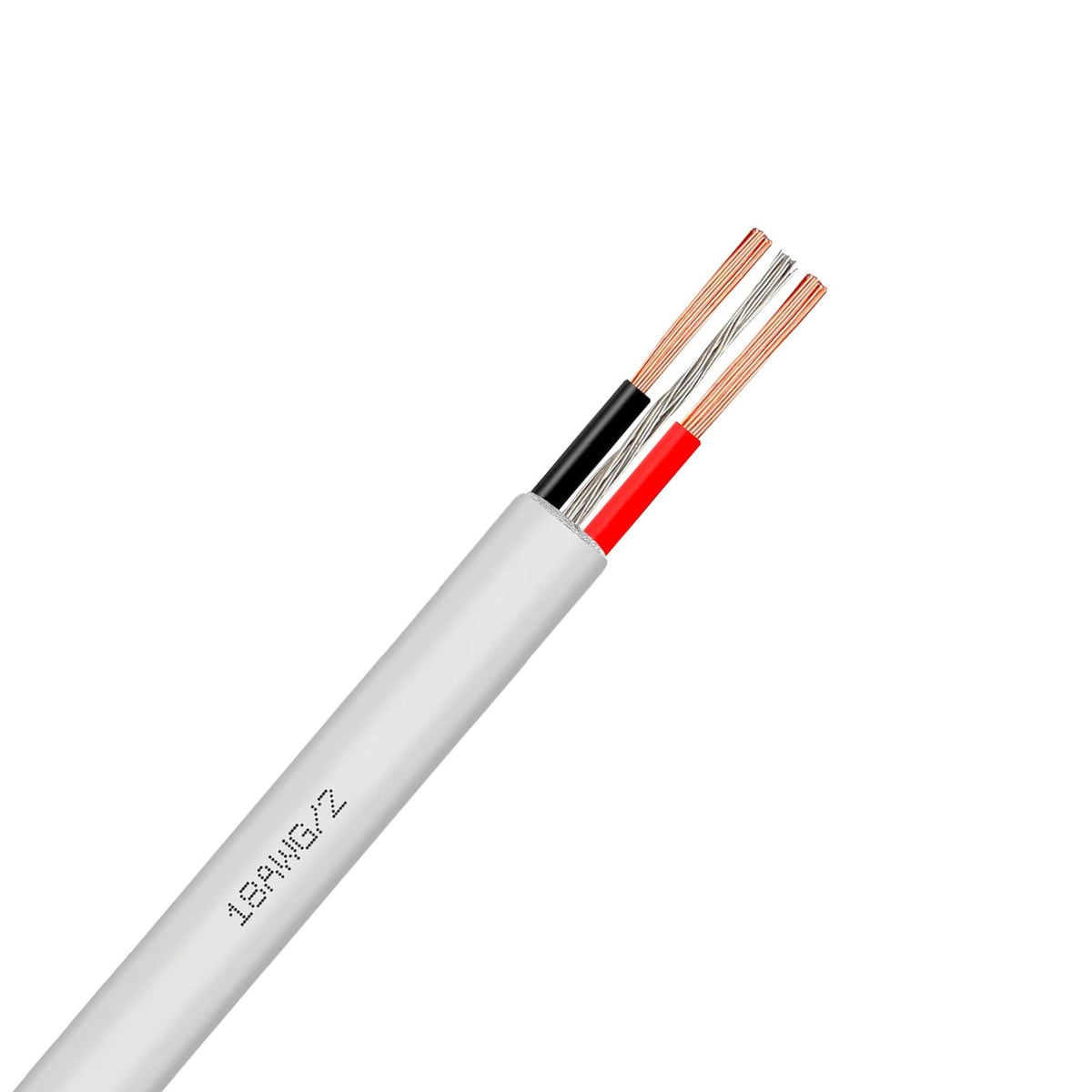 A gray shielded 2-Core 18 AWG Stranded Shielded UL Plenum Wire with the outer sheath stripped to reveal two insulated wires, one black and one red, and a bare metal wire.