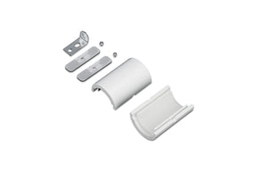 End Holder for Arc12 Duo Profile mounting hardware kit, featuring two screws, two metal end holder brackets, and two curved white plastic cover pieces crafted from durable ASA filament—all arranged on a white background.