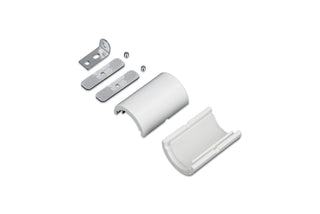 End Holder for Arc12 Duo Profile mounting hardware kit, featuring two screws, two metal end holder brackets, and two curved white plastic cover pieces crafted from durable ASA filament—all arranged on a white background.