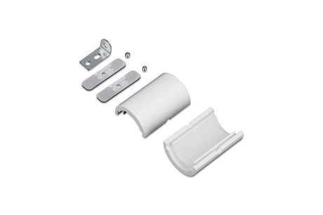 End Holder for Arc12 Duo Profile mounting hardware kit, featuring two screws, two metal end holder brackets, and two curved white plastic cover pieces crafted from durable ASA filament—all arranged on a white background.