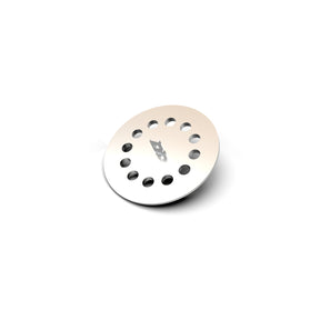 The Aluminum End Cap for Sierra65 Profile is a circular aluminum drain cover with evenly spaced round holes, shown at an angle on a white background.