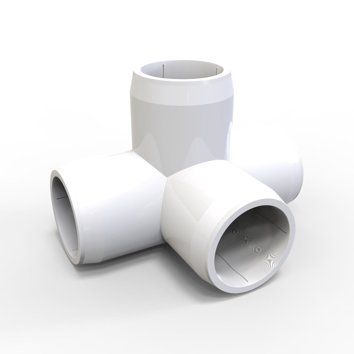 The Structural PVC Joiner for Sierra38 Round Profiles is a white plastic connector with four cylindrical openings in a cross shape, perfect for connecting light diffuser tubes in custom lighting setups, shown on a white background.